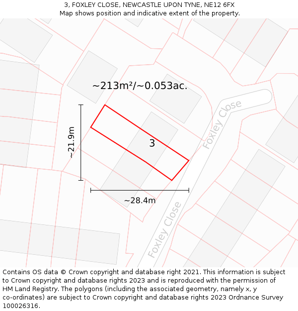 3, FOXLEY CLOSE, NEWCASTLE UPON TYNE, NE12 6FX: Plot and title map