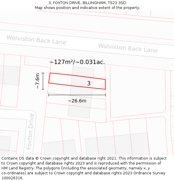 3, FOXTON DRIVE, BILLINGHAM, TS23 3SD: Plot and title map