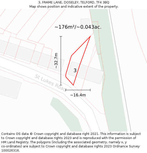 3, FRAME LANE, DOSELEY, TELFORD, TF4 3BQ: Plot and title map