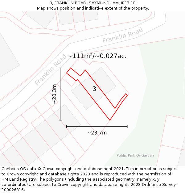 3, FRANKLIN ROAD, SAXMUNDHAM, IP17 1FJ: Plot and title map