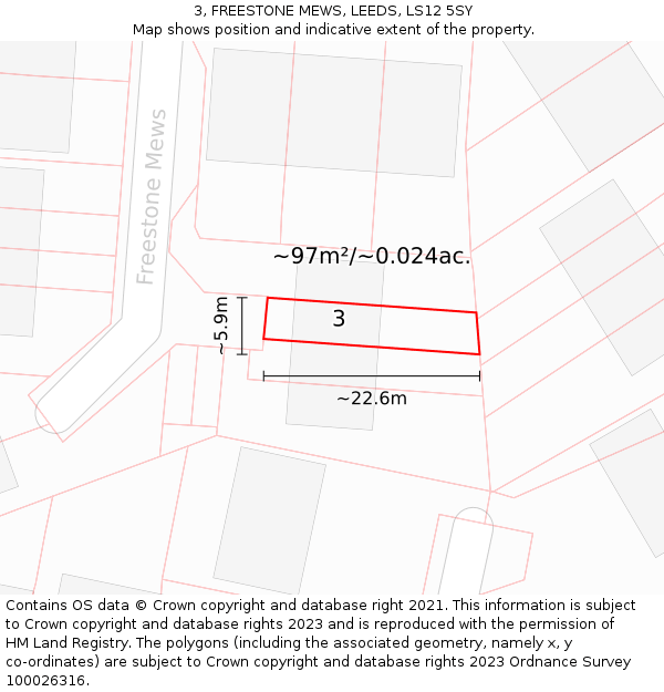 3, FREESTONE MEWS, LEEDS, LS12 5SY: Plot and title map