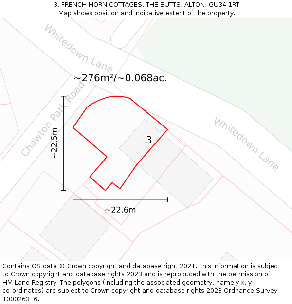 3, FRENCH HORN COTTAGES, THE BUTTS, ALTON, GU34 1RT: Plot and title map