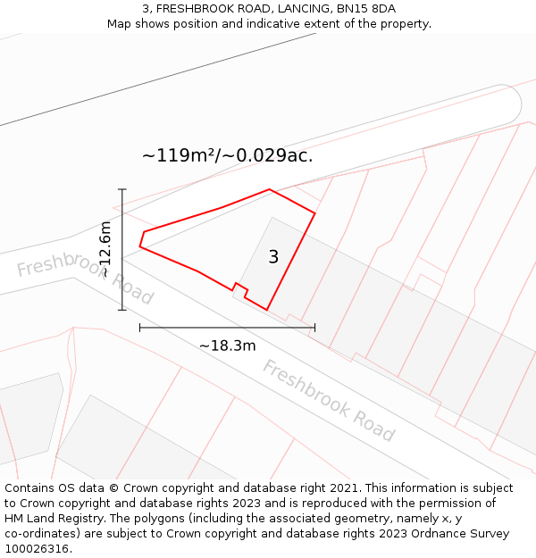 3, FRESHBROOK ROAD, LANCING, BN15 8DA: Plot and title map