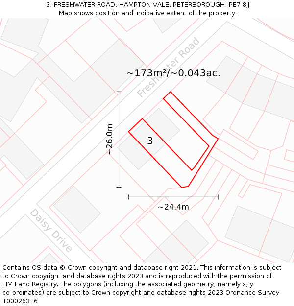 3, FRESHWATER ROAD, HAMPTON VALE, PETERBOROUGH, PE7 8JJ: Plot and title map