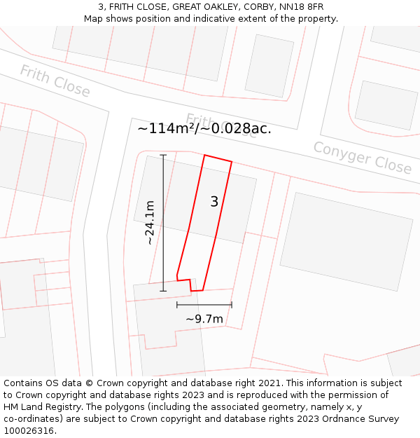3, FRITH CLOSE, GREAT OAKLEY, CORBY, NN18 8FR: Plot and title map