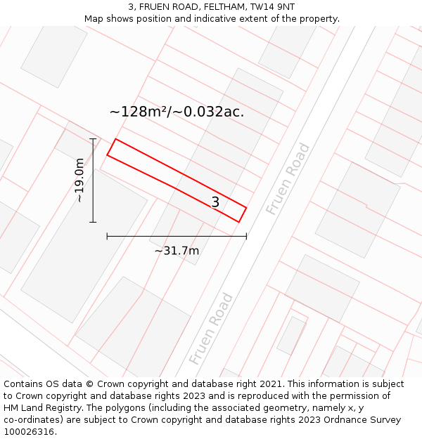 3, FRUEN ROAD, FELTHAM, TW14 9NT: Plot and title map