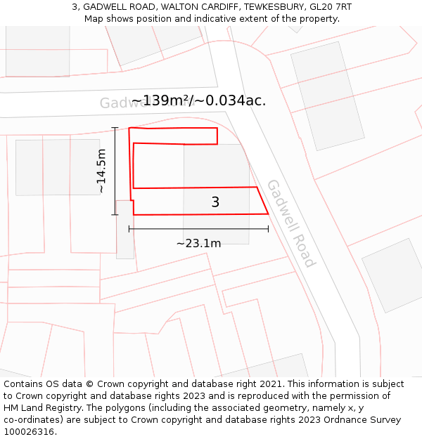 3, GADWELL ROAD, WALTON CARDIFF, TEWKESBURY, GL20 7RT: Plot and title map
