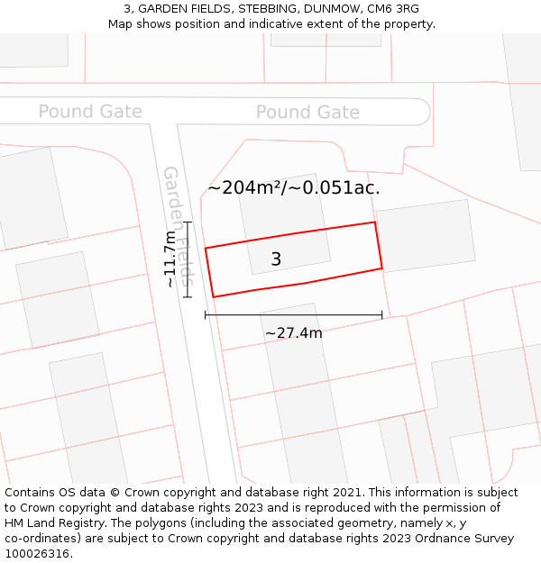 3, GARDEN FIELDS, STEBBING, DUNMOW, CM6 3RG: Plot and title map