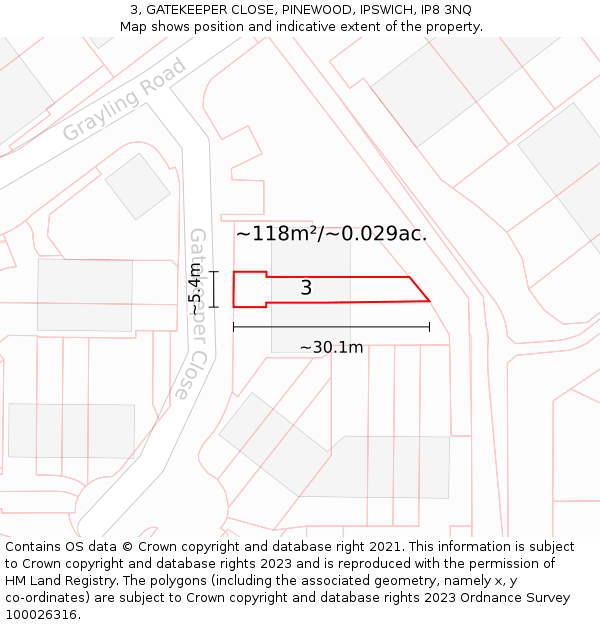 3, GATEKEEPER CLOSE, PINEWOOD, IPSWICH, IP8 3NQ: Plot and title map