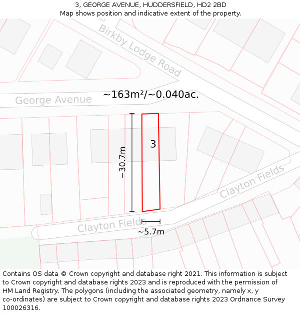 3, GEORGE AVENUE, HUDDERSFIELD, HD2 2BD: Plot and title map