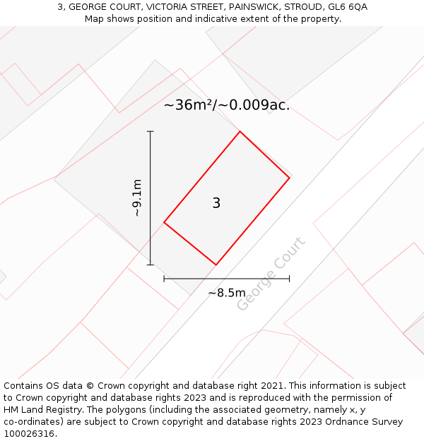 3, GEORGE COURT, VICTORIA STREET, PAINSWICK, STROUD, GL6 6QA: Plot and title map