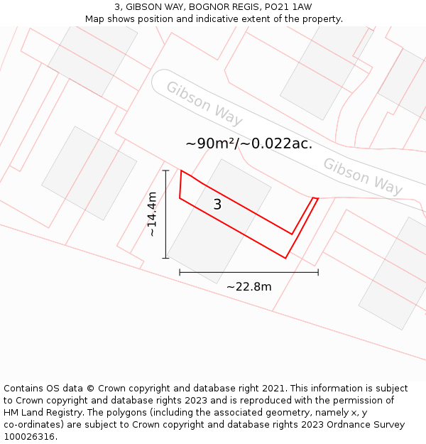 3, GIBSON WAY, BOGNOR REGIS, PO21 1AW: Plot and title map
