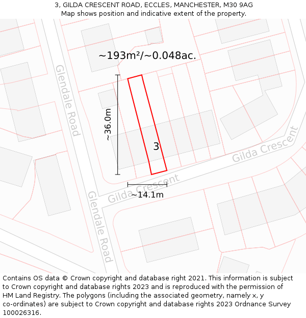 3, GILDA CRESCENT ROAD, ECCLES, MANCHESTER, M30 9AG: Plot and title map
