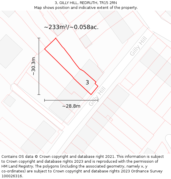 3, GILLY HILL, REDRUTH, TR15 2RN: Plot and title map