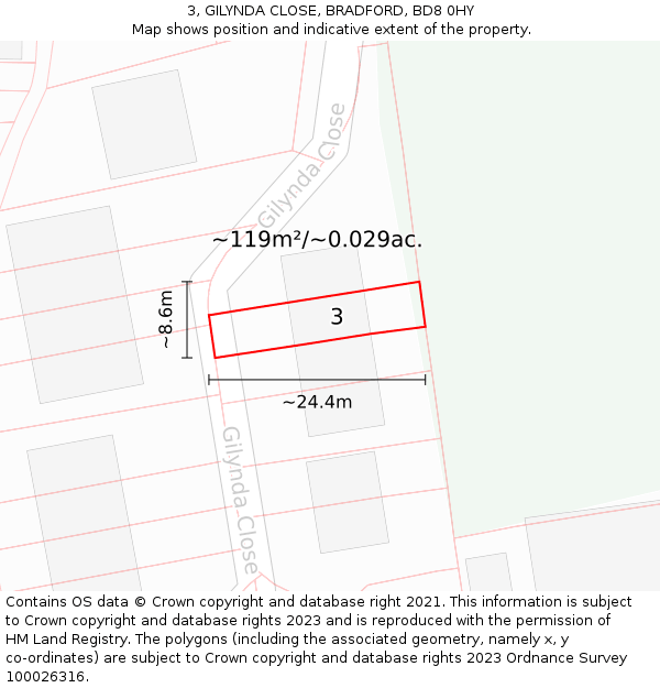 3, GILYNDA CLOSE, BRADFORD, BD8 0HY: Plot and title map