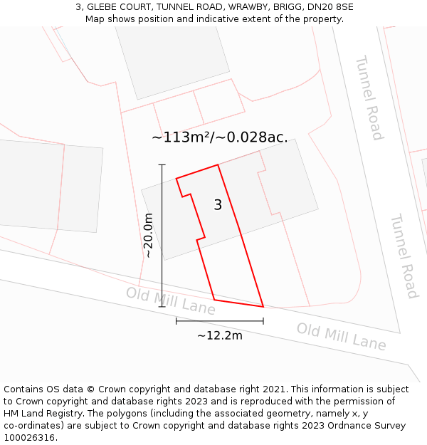 3, GLEBE COURT, TUNNEL ROAD, WRAWBY, BRIGG, DN20 8SE: Plot and title map