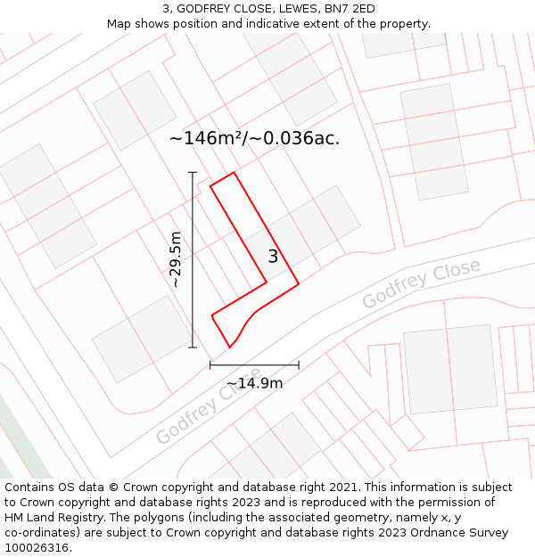 3, GODFREY CLOSE, LEWES, BN7 2ED: Plot and title map