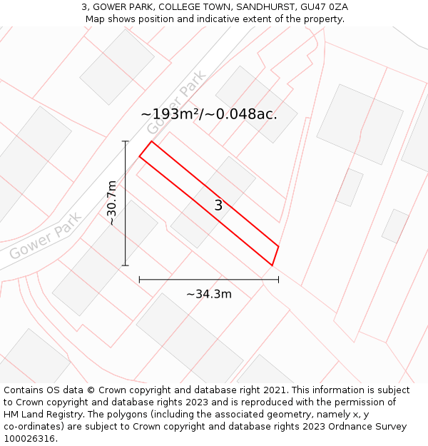 3, GOWER PARK, COLLEGE TOWN, SANDHURST, GU47 0ZA: Plot and title map