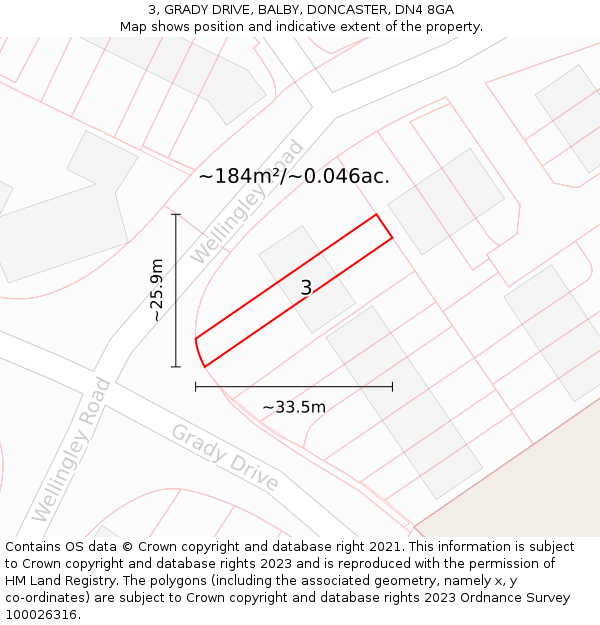 3, GRADY DRIVE, BALBY, DONCASTER, DN4 8GA: Plot and title map