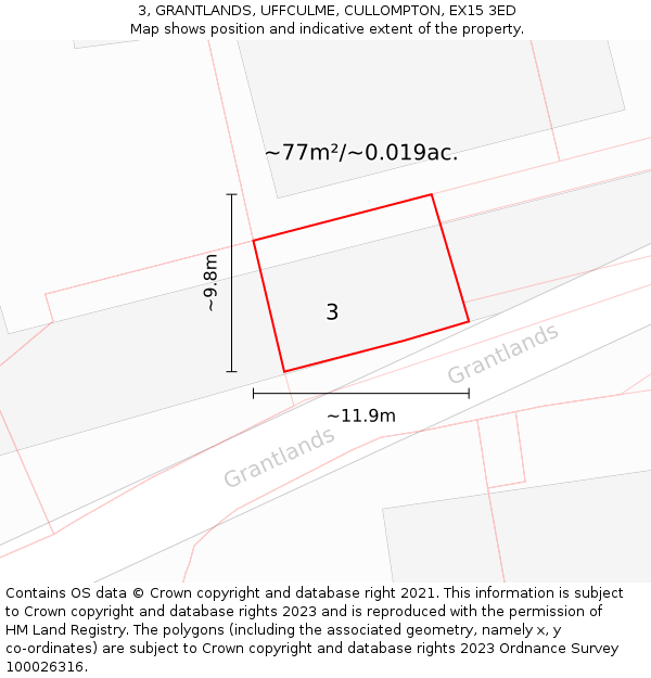 3, GRANTLANDS, UFFCULME, CULLOMPTON, EX15 3ED: Plot and title map