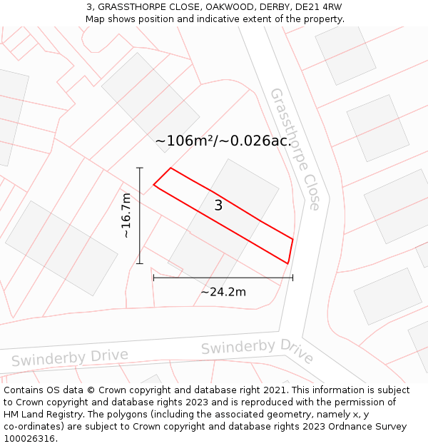 3, GRASSTHORPE CLOSE, OAKWOOD, DERBY, DE21 4RW: Plot and title map