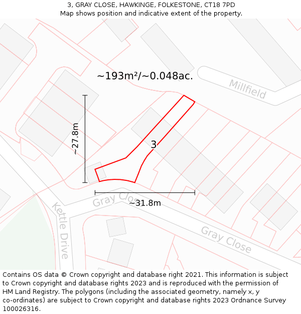 3, GRAY CLOSE, HAWKINGE, FOLKESTONE, CT18 7PD: Plot and title map