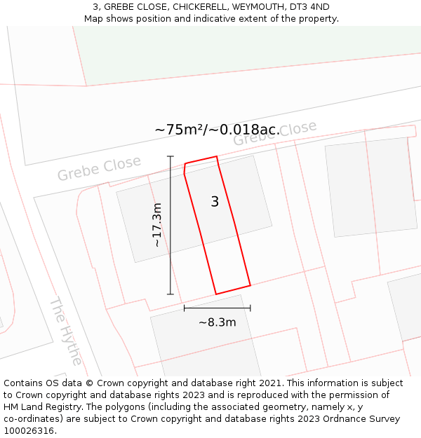 3, GREBE CLOSE, CHICKERELL, WEYMOUTH, DT3 4ND: Plot and title map