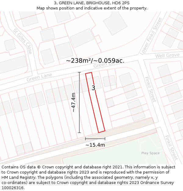 3, GREEN LANE, BRIGHOUSE, HD6 2PS: Plot and title map