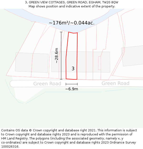 3, GREEN VIEW COTTAGES, GREEN ROAD, EGHAM, TW20 8QW: Plot and title map