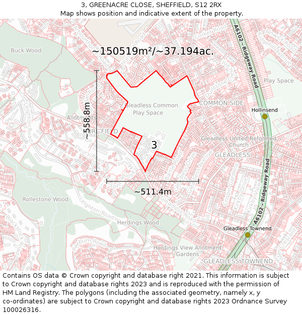 3, GREENACRE CLOSE, SHEFFIELD, S12 2RX: Plot and title map
