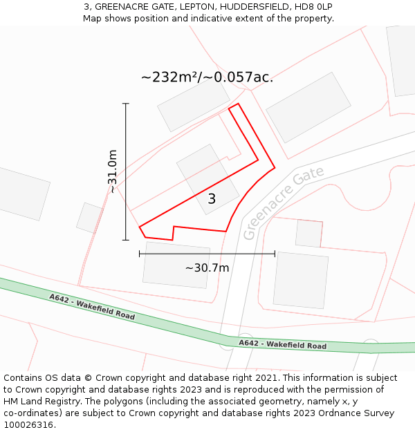 3, GREENACRE GATE, LEPTON, HUDDERSFIELD, HD8 0LP: Plot and title map
