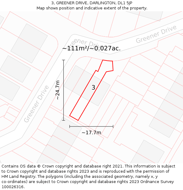 3, GREENER DRIVE, DARLINGTON, DL1 5JP: Plot and title map