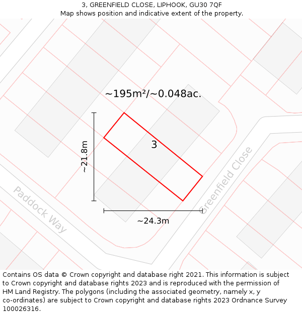 3, GREENFIELD CLOSE, LIPHOOK, GU30 7QF: Plot and title map