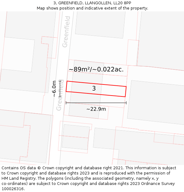 3, GREENFIELD, LLANGOLLEN, LL20 8PP: Plot and title map