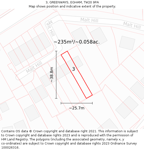 3, GREENWAYS, EGHAM, TW20 9PA: Plot and title map