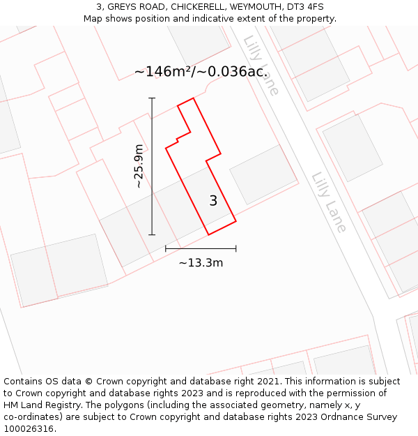 3, GREYS ROAD, CHICKERELL, WEYMOUTH, DT3 4FS: Plot and title map