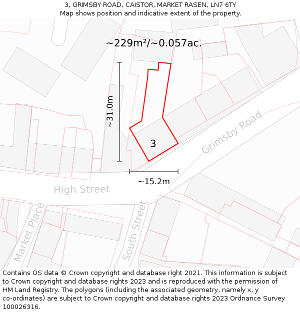 3, GRIMSBY ROAD, CAISTOR, MARKET RASEN, LN7 6TY: Plot and title map