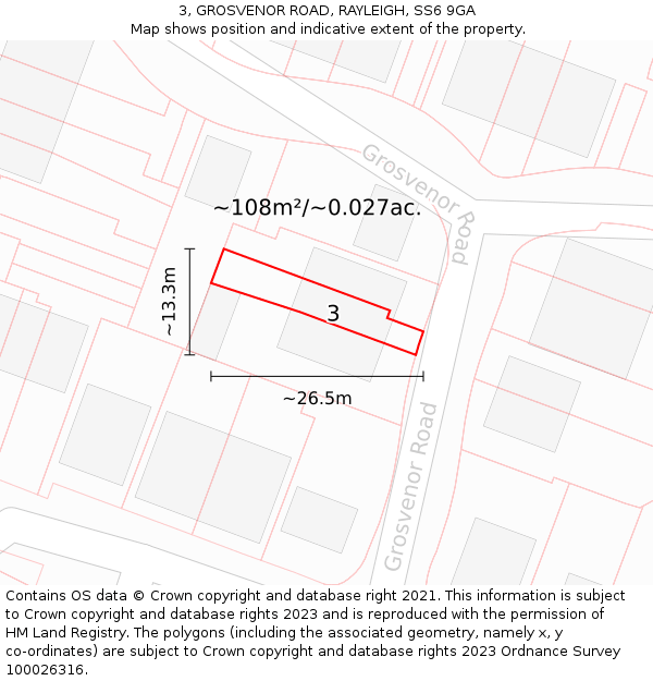 3, GROSVENOR ROAD, RAYLEIGH, SS6 9GA: Plot and title map