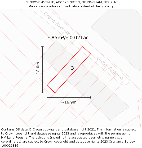 3, GROVE AVENUE, ACOCKS GREEN, BIRMINGHAM, B27 7UY: Plot and title map
