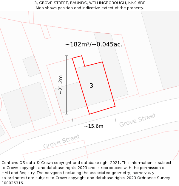 3, GROVE STREET, RAUNDS, WELLINGBOROUGH, NN9 6DP: Plot and title map