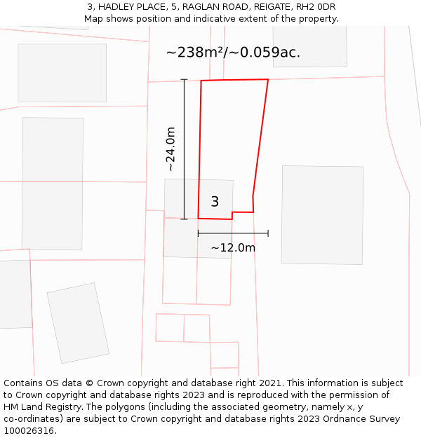 3, HADLEY PLACE, 5, RAGLAN ROAD, REIGATE, RH2 0DR: Plot and title map