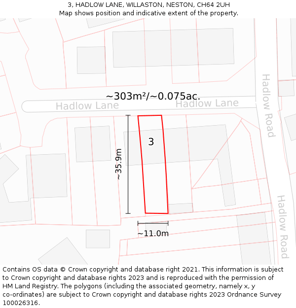 3, HADLOW LANE, WILLASTON, NESTON, CH64 2UH: Plot and title map