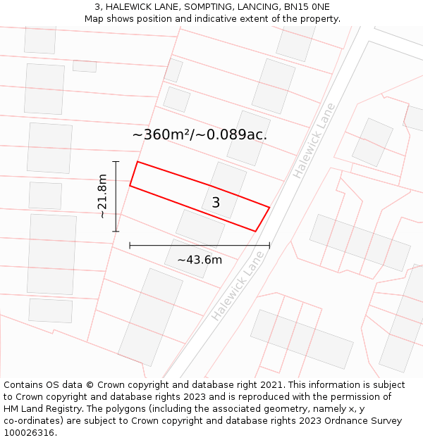 3, HALEWICK LANE, SOMPTING, LANCING, BN15 0NE: Plot and title map