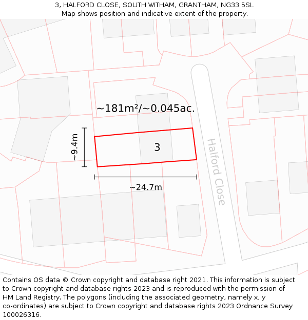 3, HALFORD CLOSE, SOUTH WITHAM, GRANTHAM, NG33 5SL: Plot and title map