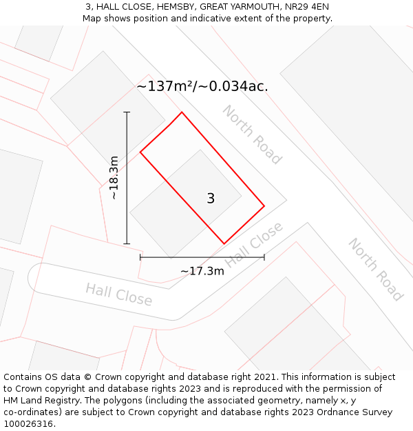 3, HALL CLOSE, HEMSBY, GREAT YARMOUTH, NR29 4EN: Plot and title map
