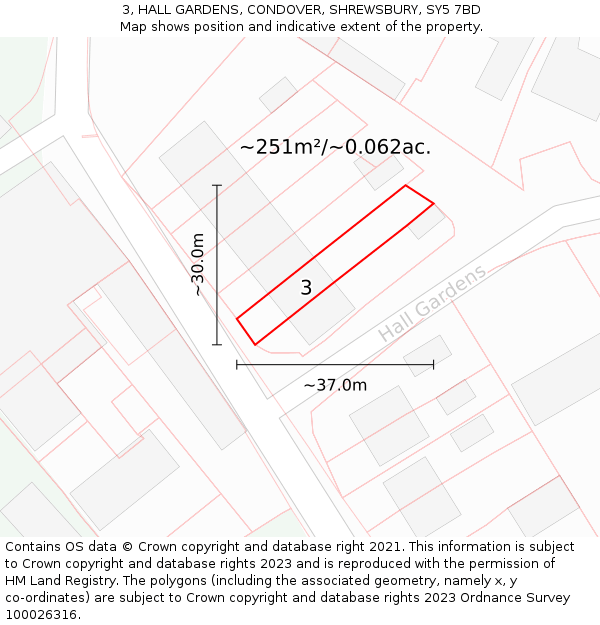 3, HALL GARDENS, CONDOVER, SHREWSBURY, SY5 7BD: Plot and title map
