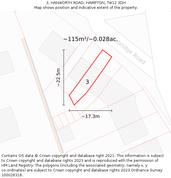 3, HANWORTH ROAD, HAMPTON, TW12 3DH: Plot and title map