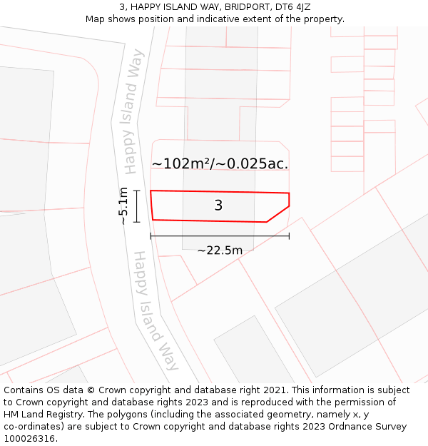 3, HAPPY ISLAND WAY, BRIDPORT, DT6 4JZ: Plot and title map