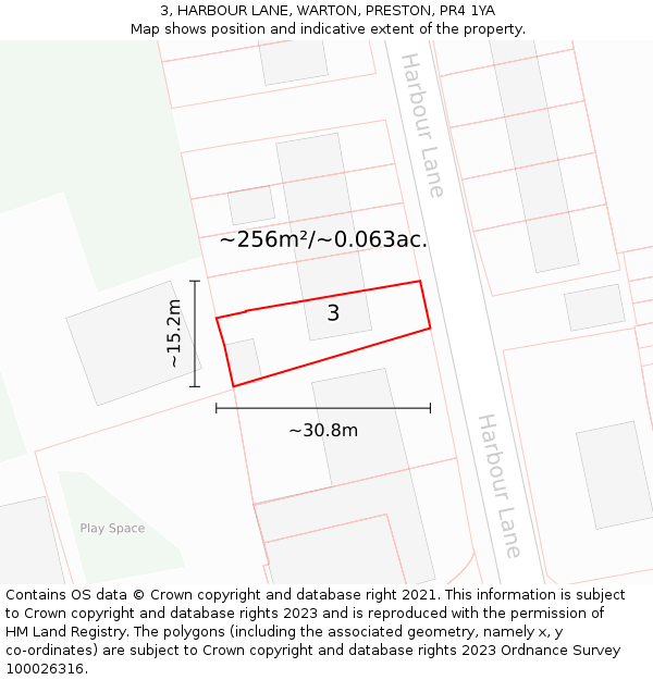 3, HARBOUR LANE, WARTON, PRESTON, PR4 1YA: Plot and title map