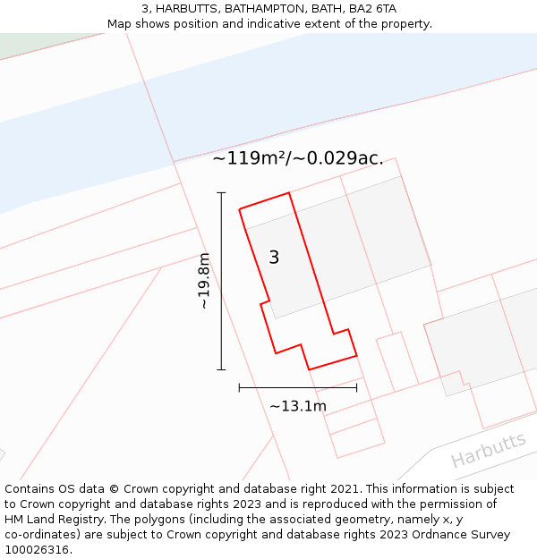 3, HARBUTTS, BATHAMPTON, BATH, BA2 6TA: Plot and title map
